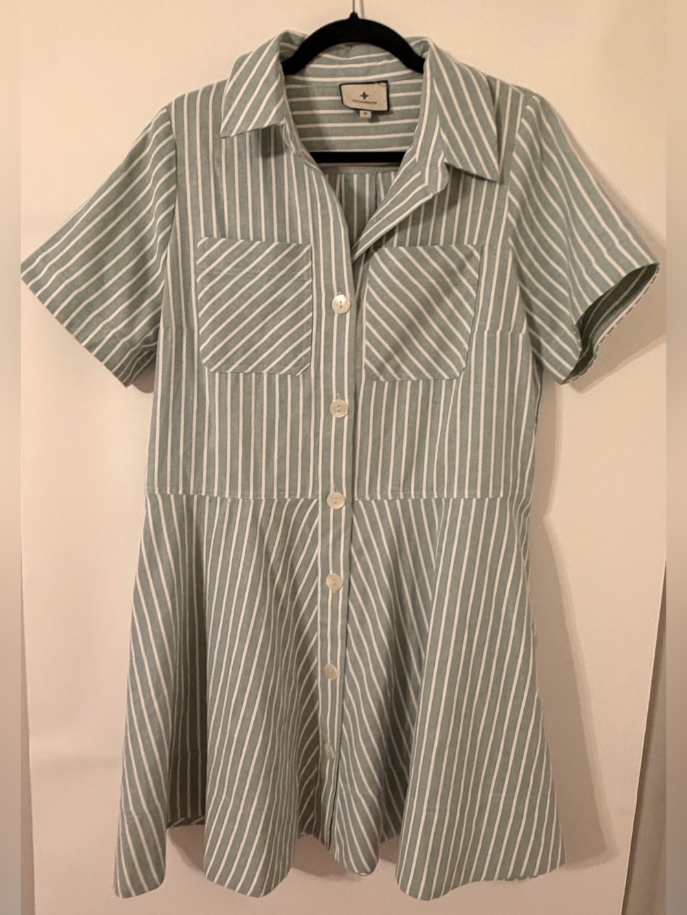 Tuckernuck Striped Button Down Short Sleeve Shirtdress Sage Green White Medium